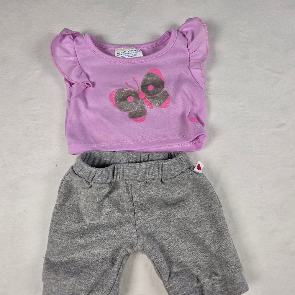 Build-A-Bear Workshop Purple Butterfly Flutter Sleeve Top and Gray Pants Outfit